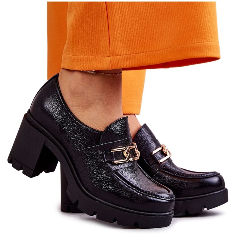 Lemar Black Leather High Heel Shoes With Gold Decoration Lemar Black Leather High Heel Shoes With Gold Decoration