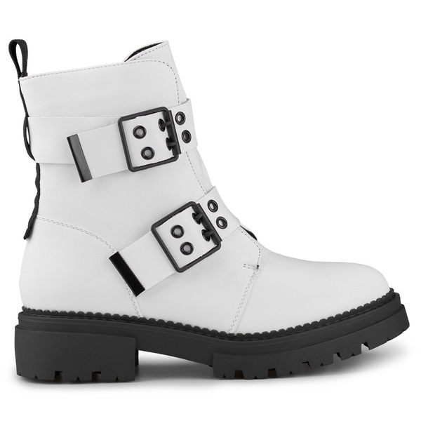 Women's lacquered worker boots with buckles, white 250007W-PU