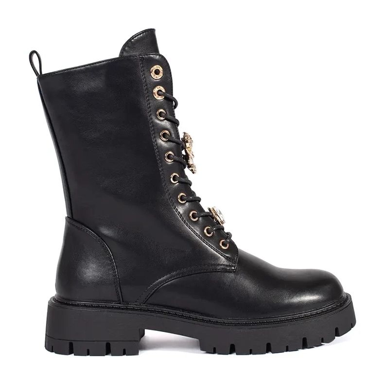 Seastar Black lace-up worker ankle boots on a platform with pins