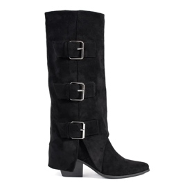 Seastar Black suede women's high-heeled boots with buckles