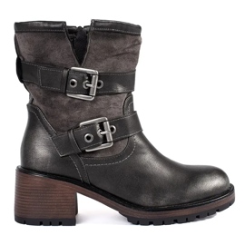 Dark brown metallic women's high-heeled ankle boots with buckles