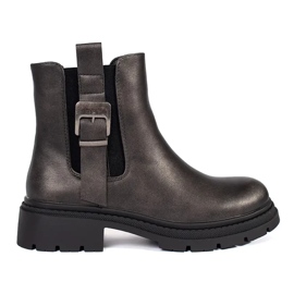 Dark brown metallic women's Chelsea boots with a buckle