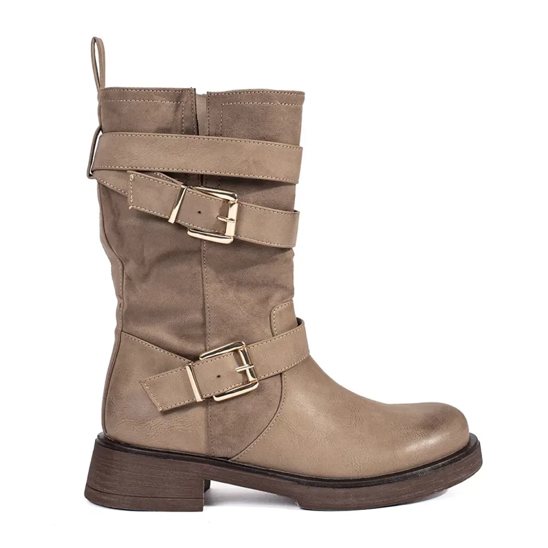 Beige women's low-heeled ankle boots with buckles