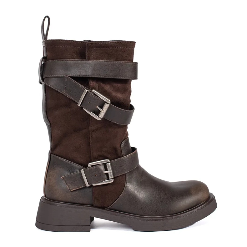 Brown women's low-heeled ankle boots with buckles