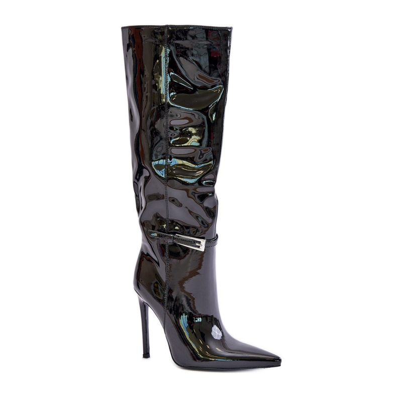 Patent Insulated Boots On A High Heel With A Buckle, Black Tameliae