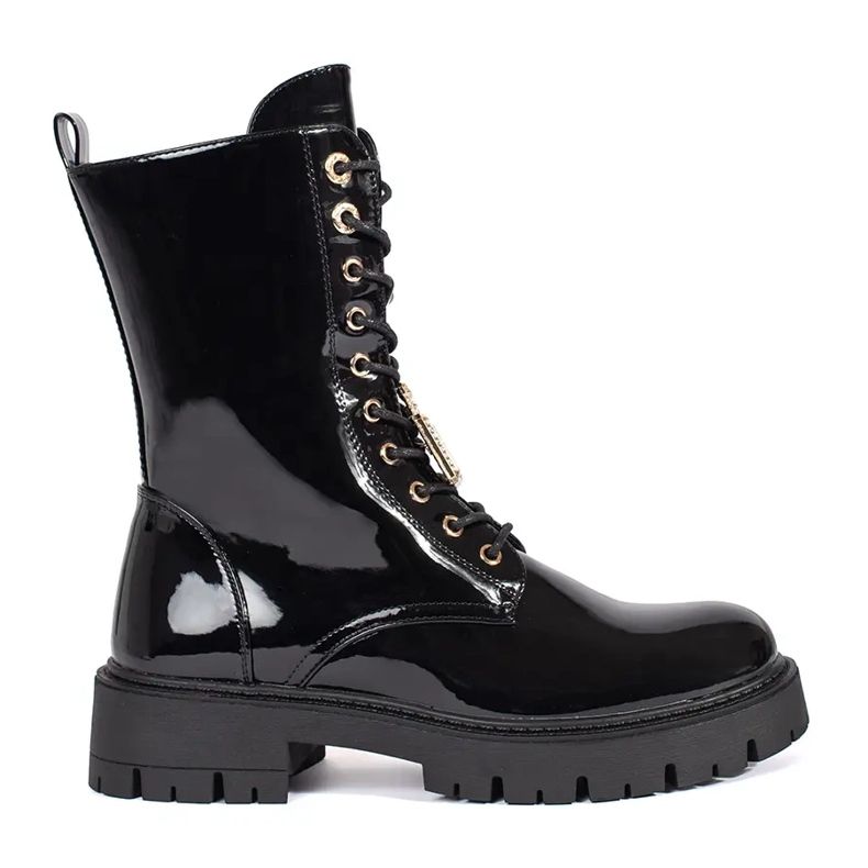 Seastar Black patent lace-up worker ankle boots on the platform with pins