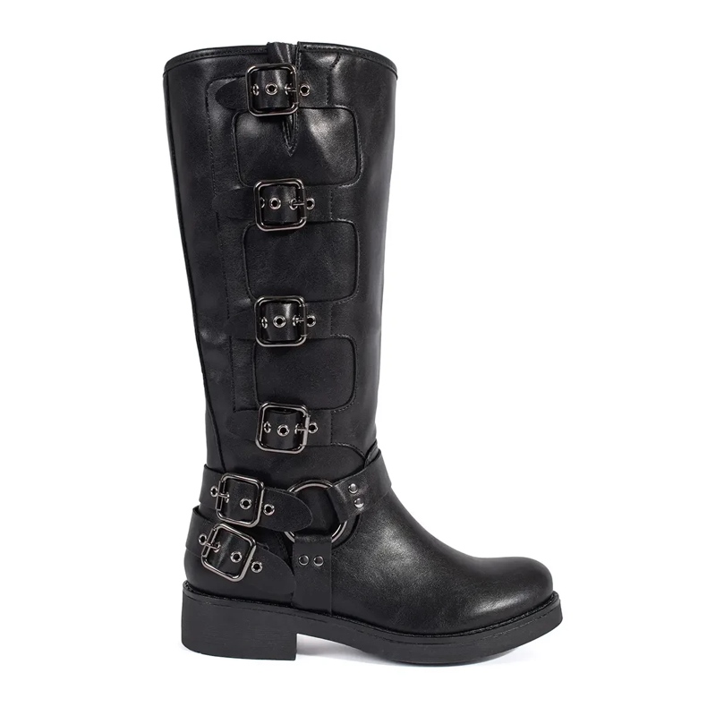Black low-heeled boots with buckles