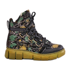 Leather Flat Laced Ankle Boots Maciejka 06158-07 Yellow and Black golden Leather Flat Laced Ankle Boots Maciejka 06158-07 Yellow and Black golden