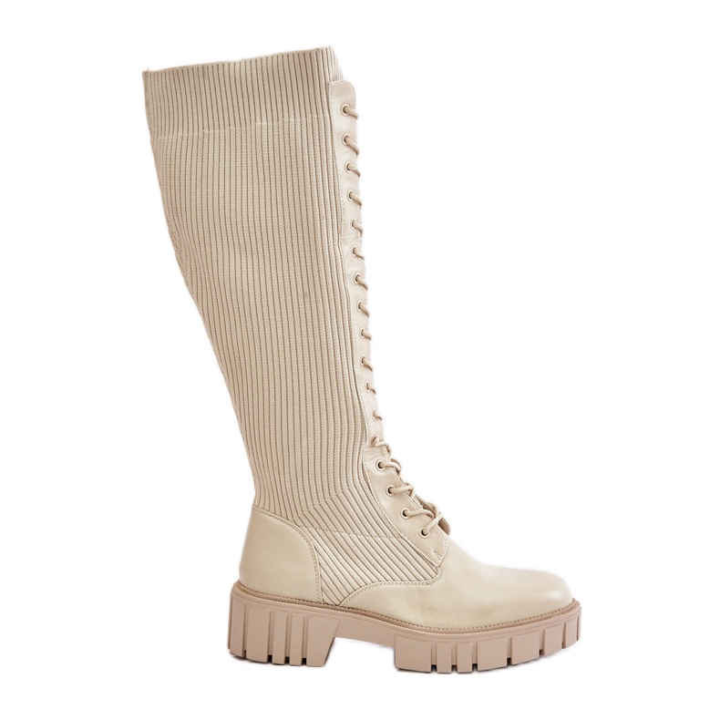 Women's Lace-up Sock Boots with Flat Heels, Beige Vamisha
