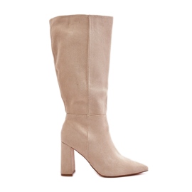 Over the knee high heeled boots light beige Lannetea KeeShoes
