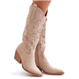 Over-the-knee cowboy boots with an openwork pattern, light beige Innathoria