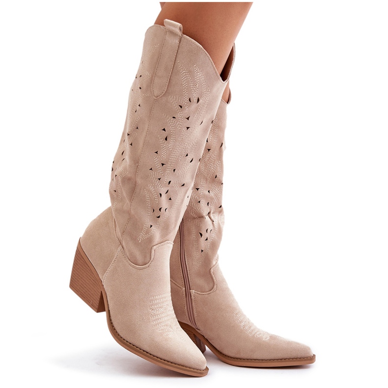 Over-the-knee cowboy boots with an openwork pattern, light beige Innathoria