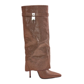 Decorated Slip-On High Heel Boots With Turned Up Shaft Brown Enathlin