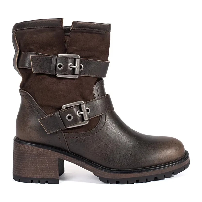 Brown women's high-heeled ankle boots with buckles