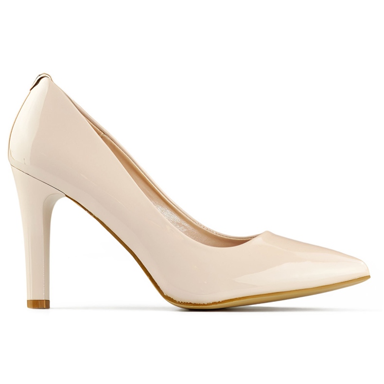 Patent beige women's pumps with a comfortable heel, elegant beige women's shoes