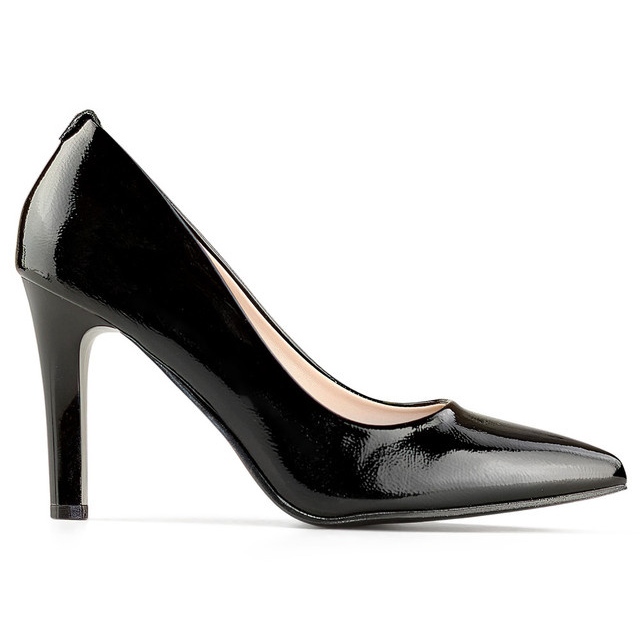 Patent black women's pumps with a comfortable heel, elegant black women's shoes