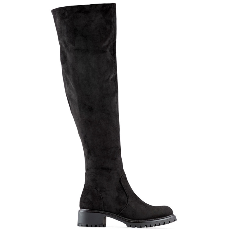 Women's black suede over-the-knee boots with a flat sole