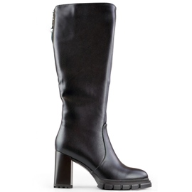 Black knee-high high-heeled boots, insulated women's boots with a heel, eco-leather
