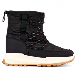 Black sports snow boots, women's lace-up, insulated winter shoes with a flat sole
