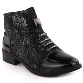Black women's ankle boots with a silver flower motif Sabatina DM24-08