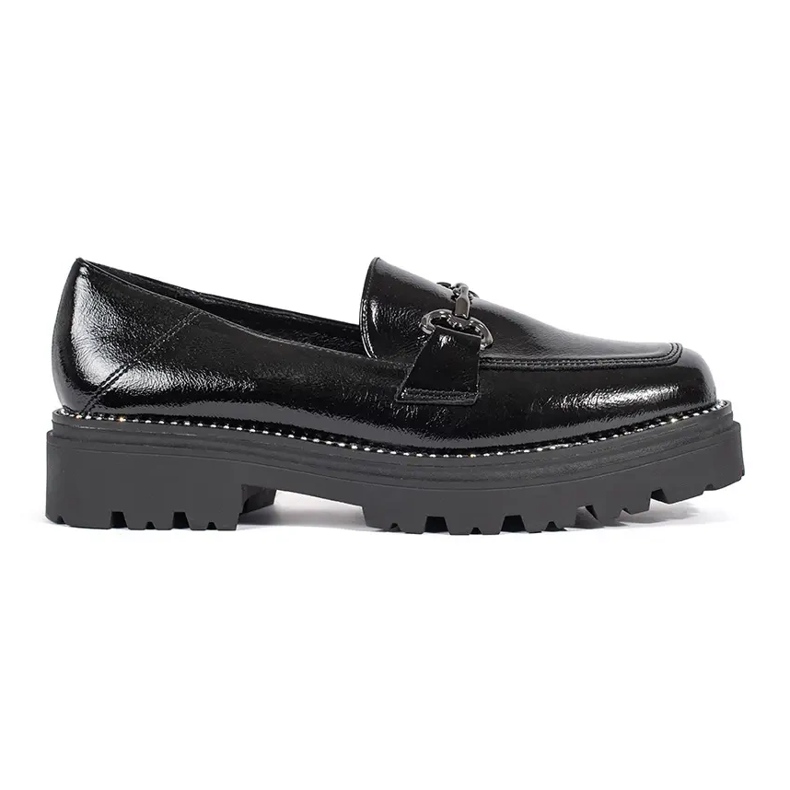 Goodin Black women's loafers on a platform decorated with a chain