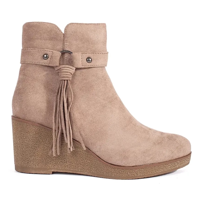 Suede beige women's wedge boots with fringes