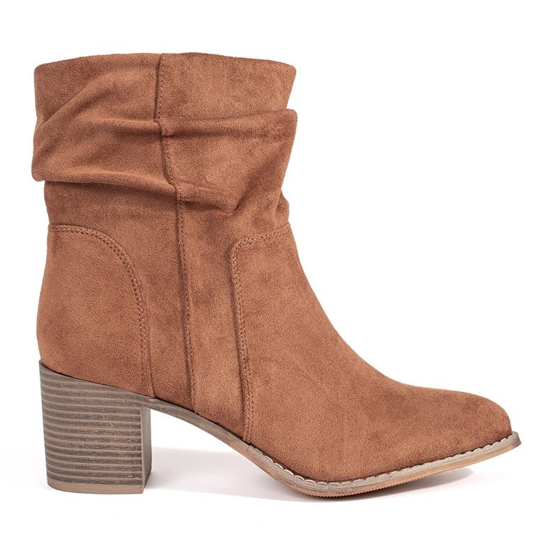 Brown suede ankle boots with a ruffled upper