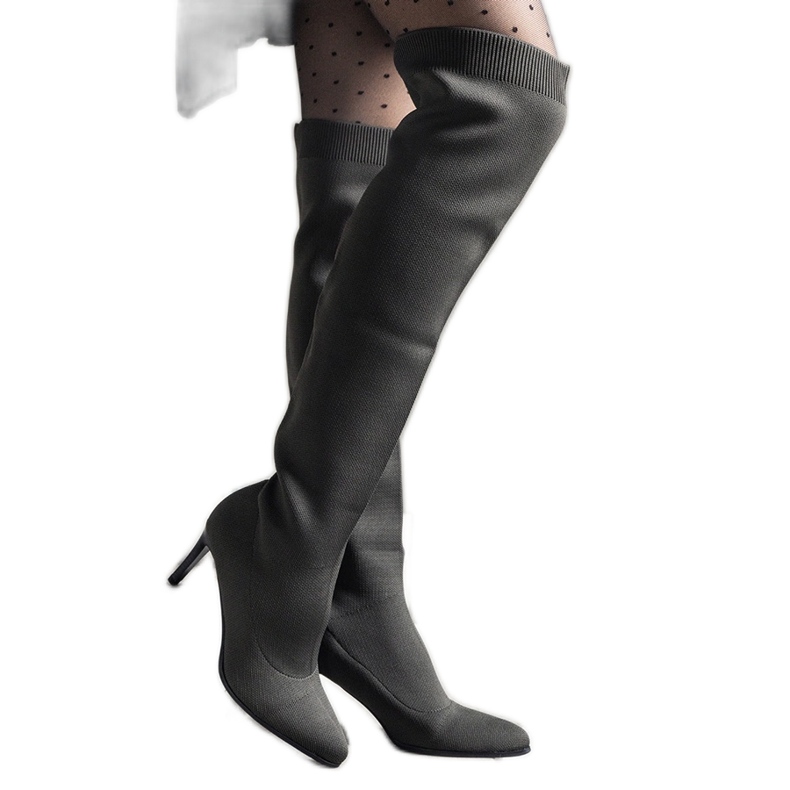 Green slip-on high-heeled boots with an elastic Atari upper