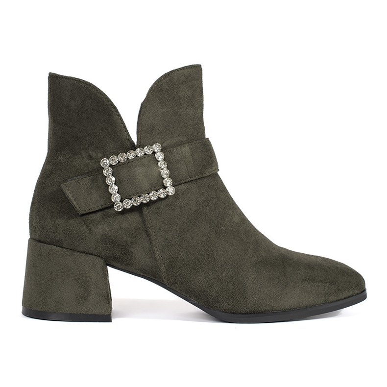 Dark green suede women's ankle boots with a silver buckle