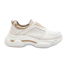 Jezzi Women's Leather Sports Sneakers With a Thick Sole, White and Gold Jezzi Women's Leather Sports Sneakers With a Thick Sole, White and Gold