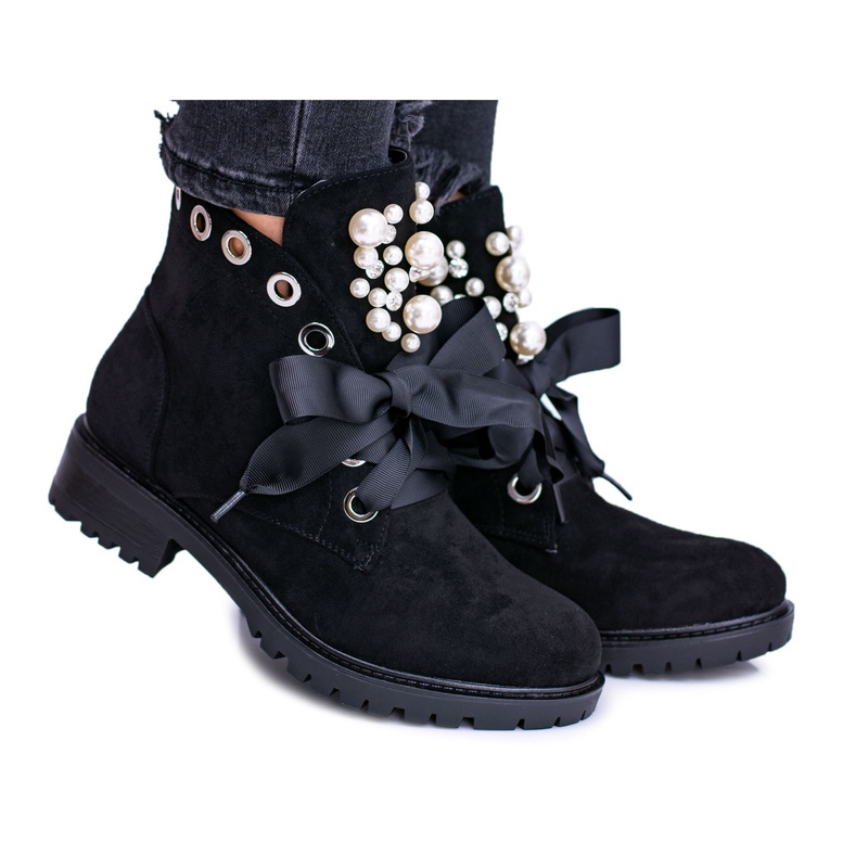 Suede Insulated Boots With Pearls and Ribbon, Black Perla