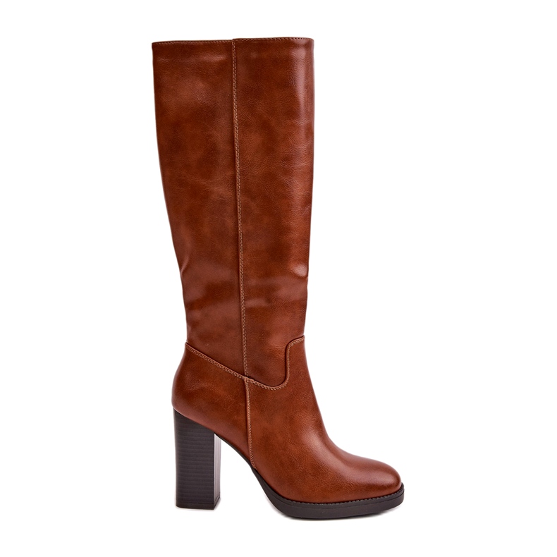 Women's boots on the eco-leather post in front of the knee camel brown Women's boots on the eco-leather post in front of the knee camel brown