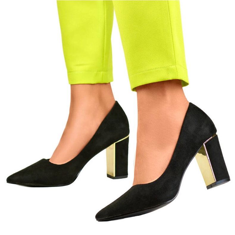 Women's pointed pumps with a high decorative heel, black suede GD-DO112A-B