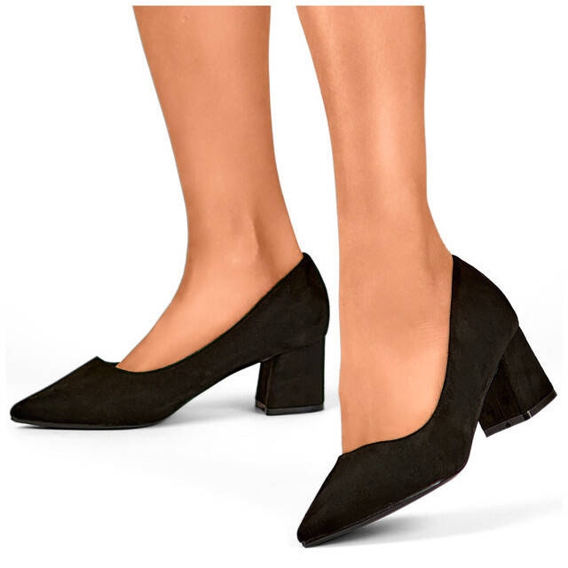 Women's pointed-toe, low-heeled, black suede pumps KJ-10B