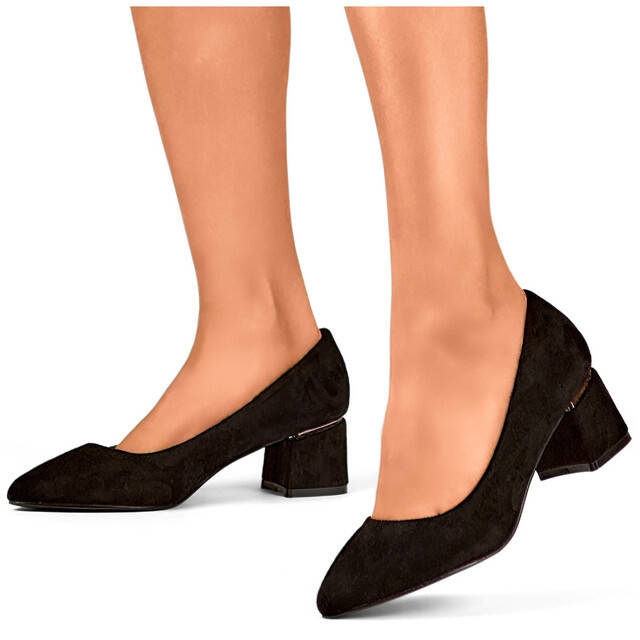 Women's pointed-toe, low-heeled pumps, suede, black XR-103B-B