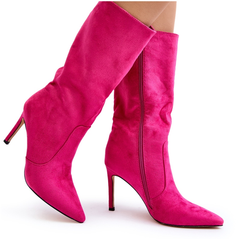 Joalice Women's Eco-suede Boots Mid-Calf High Heel Fuchsia pink