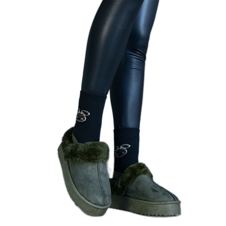 Green platform slippers decorated with fur and with an elastic band at the heel, Frank