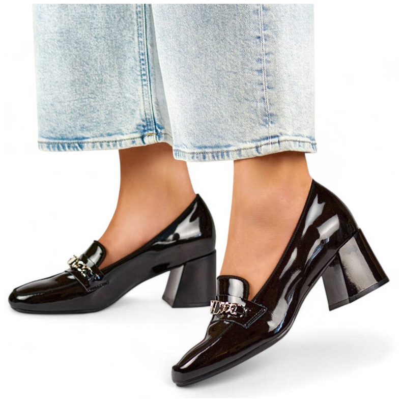 Women's leather high-heeled shoes with decoration, black 24-58242B