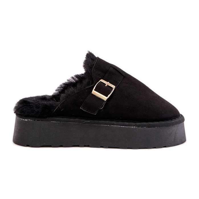 Women's slippers on a thick sole with fur and a buckle, Black Linneola