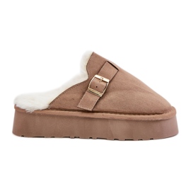 Women's slippers on a thick sole with fur and a buckle, dark beige Linneola