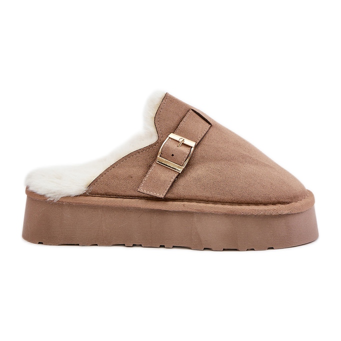 Women's slippers on a thick sole with fur and a buckle, dark beige Linneola