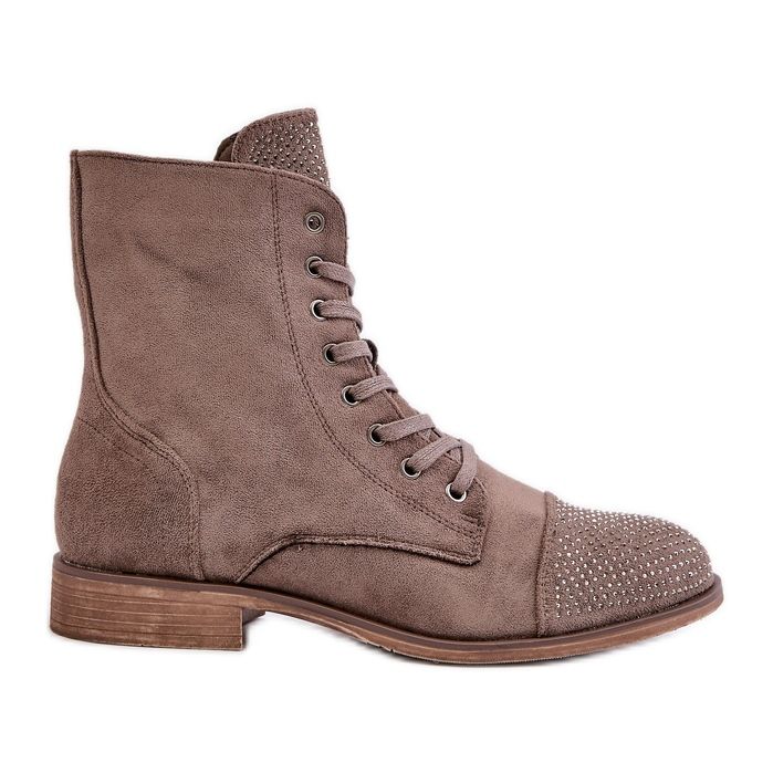 Decorated Flat Heel Boots Eco Suede Warm Brown Ellieo