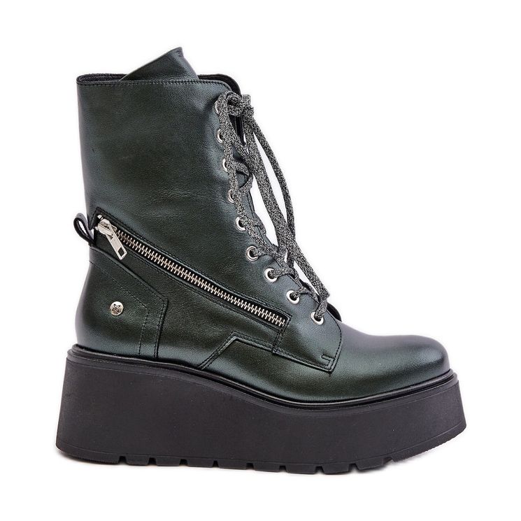 Leather Worker Boots On Platform And Wedge Maciejka 06676-09 Green