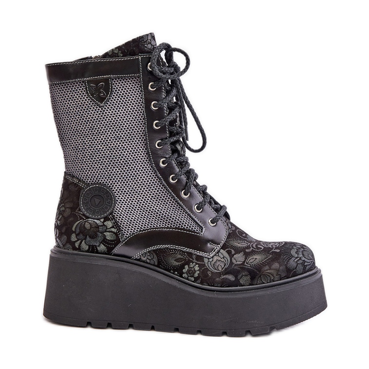 Leather Ankle Boots On A Platform And Wedge With A Patterned Upper Maciejka 06720-01 Black
