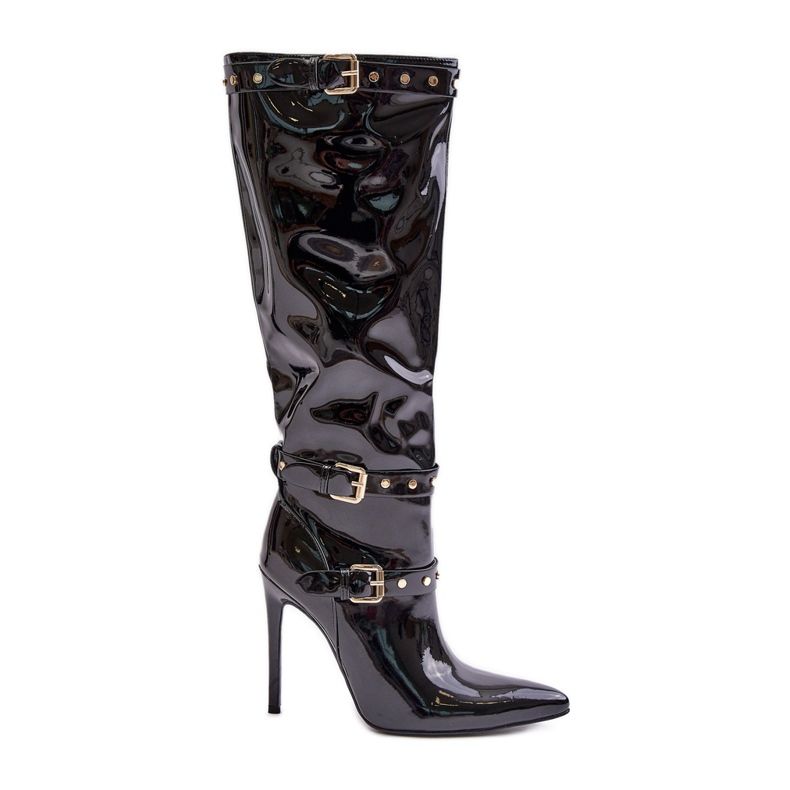 Patent High Heel Boots With Buckles Black Emiraethe Patent High Heel Boots With Buckles Black Emiraethe