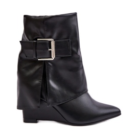 Black Vortinia Wedge Ankle Boots With Turned Up Upper and Buckle
