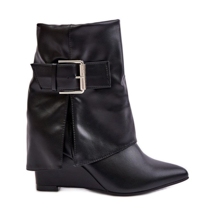 Black Vortinia Wedge Ankle Boots With Turned Up Upper and Buckle