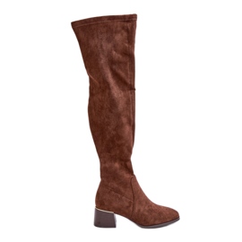 Over-the-knee block-high boots made of eco-suede, Brown Galadi