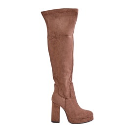High Heel and Platform Boots with Over-the-Knee Uppers, Eco Suede Dark Beige Zistaria