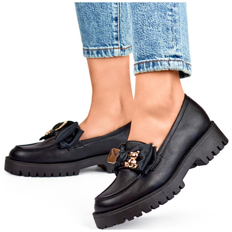 Women's loafers with a bow, moccasins with a teddy bear, black 2306B